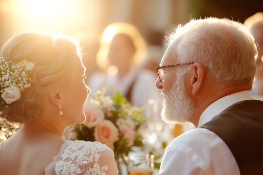 Couple enjoys a heartfelt moment at a sunset wedding reception surrounded by beautiful floral arrangements and joyful guests
