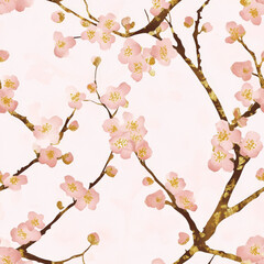 A delicate plum blossom pattern with golden branches and soft pink flowers