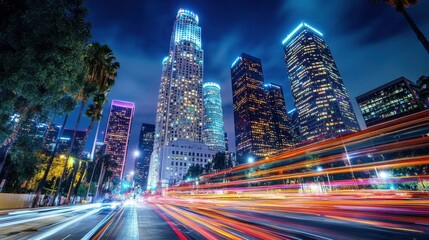 Fototapeta premium Glowing skyscrapers at midnight in LA, with vibrant reflections on the streets below