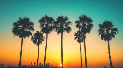 Obraz premium Golden hour silhouette of palm trees with LA skyline in the background, warm summer vibes