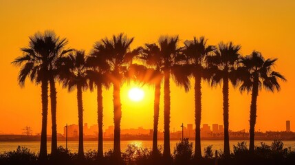 Obraz premium Golden hour silhouette of palm trees with LA skyline in the background, warm summer vibes