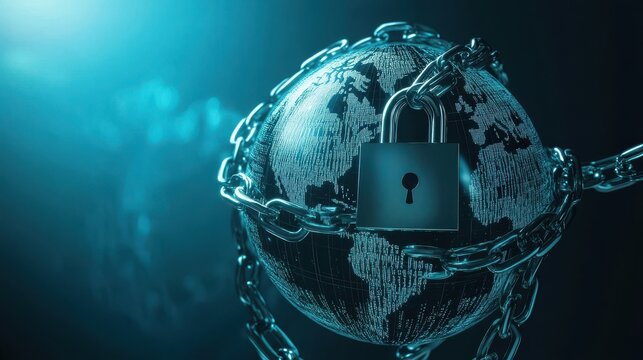 Digital security concept with a globe made of binary code wrapped in chains and a padlock, symbolizing data protection and cyber defense.