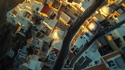 Fototapeta premium High-altitude shot of Oia village at sunset, revealing the intricate network of alleys, white domes, and vibrant rooftops