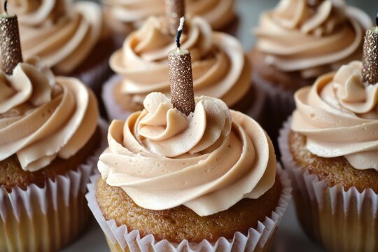Cupcakes topped with creamy swirls and glittery candle toppers, arranged in a neat pattern