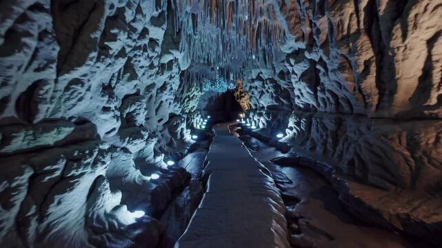 A mesmerizing video still of a cave interior with stalactites, captured from a low angle, highlighting textured walls and ambient lighting.