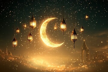 Soft, warm lighting illuminates crescent moons and lanterns, creating a serene ambiance perfect for Ramadan celebrations