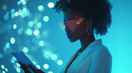 Attractive businesswoman using tablet with creative glowing digital business interface on blurry blue background. Finance, innovation, trade and growth concept