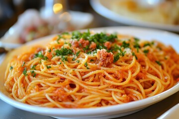 Baked Spaghetti. Delicious Meal with Meat and Sauce for Dinner