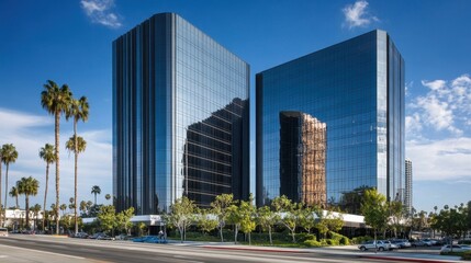 High-rise office buildings in LA, featuring sleek modern glass structures reflecting the sky