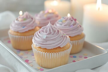 Cupcakes with pastel frosting and edible confetti, placed on a white tray with candles