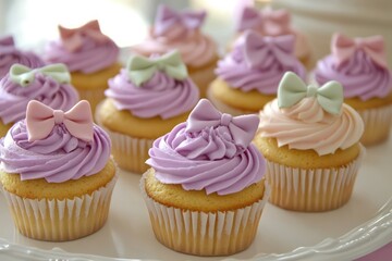 Cupcakes with pastel-colored frosting and tiny edible bows, displayed on a white platter