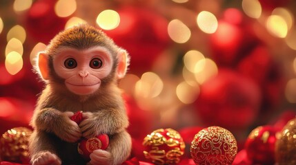 Fototapeta premium Chinese lunar new year ornaments toy of monkey on festive background,words mean best wishes and good luck for the coming chinese new year