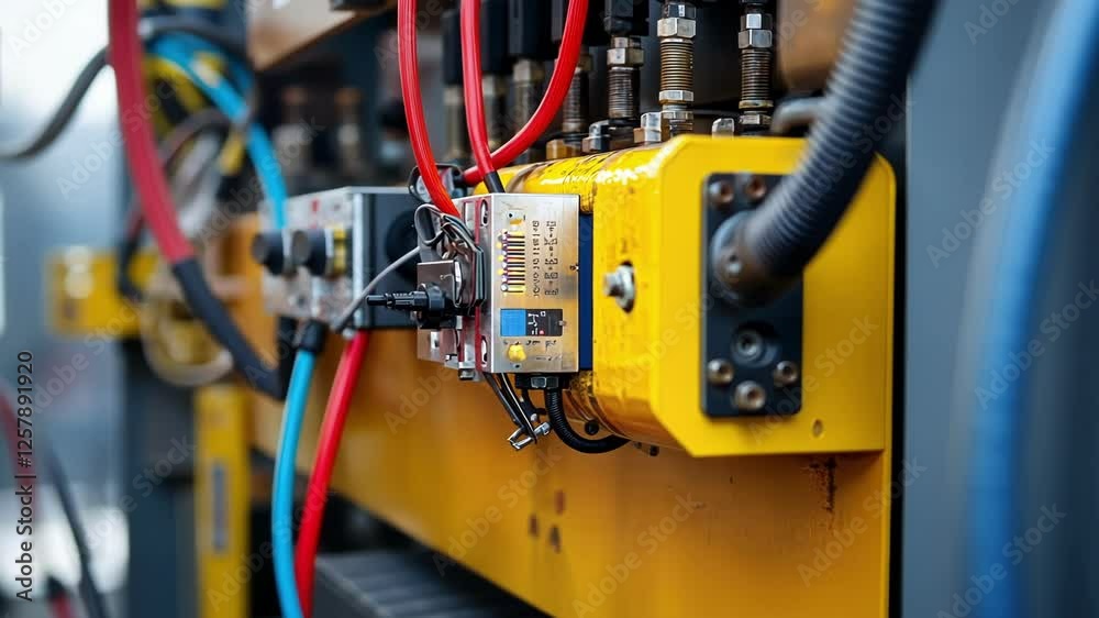 Poster close up view of an industrial control panel displaying a pressure sensor, intricate wiring, and var