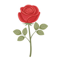 Red Rose Flower with leaves. Hand drawn Trendy flat style isolated icon. Doodle style, Valentines Day love flower. Vector illustration