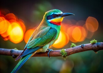 Obraz premium Blue-Cheeked Bee-Eater Bird Closeup on Branch - Low Light Photography