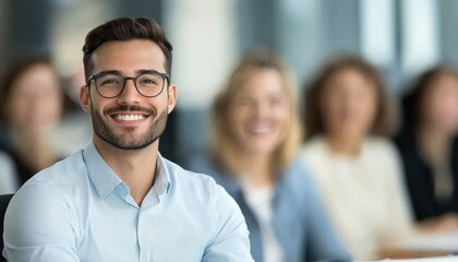 Smiling man in glasses in a professional setting, with colleagues blurred in the background.