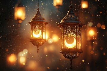 Warm lighting highlights beautiful lanterns with crescent moons and stars, creating a serene atmosphere during Ramadan festivities