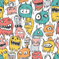 A sketchy pattern of funny cartoon monsters with goofy expressions and mismatched eyes