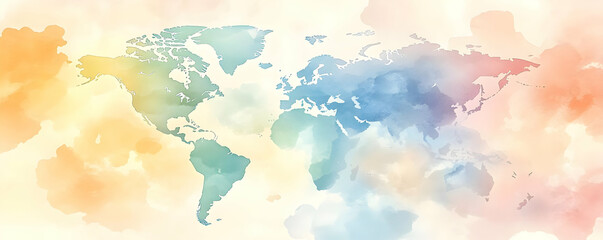 Obraz premium Global watercolor map, pastel clouds