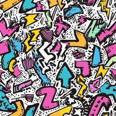 A fun and quirky graffiti-style doodle pattern featuring random symbols like lightning bolts, stars, and exaggerated punctuation marks. The sketchy, imperfect lines add a street-art-inspired charm to