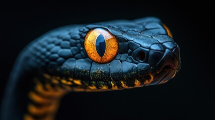 Fototapeta premium Black snake portrait, intense gaze, dark background, wildlife photography