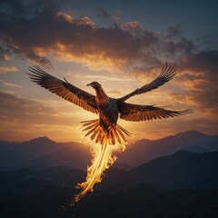 A phoenix-like bird glowing as it ascends into the sky.
