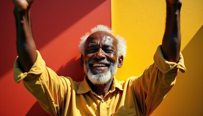 Obraz premium Elderly smiling African man raising both index fingers against a vibrant colored background with dynamic shadows