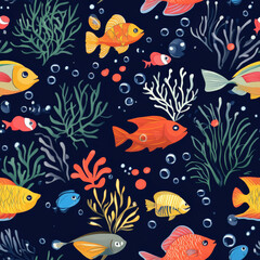 Fototapeta premium A seamless pattern of vibrant tropical fish swimming through coral reefs, surrounded by tiny bubbles and seaweed.