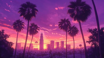 Iconic palm trees in Los Angeles, framing the city skyline with a stunning purple and orange sunset