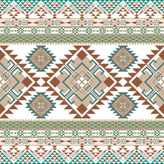 a geometric tribal pattern with symmetrical designs in green, brown, and white. It features diamond shapes, zigzags, and star-like patterns inspired by indigenous art. Native American ethnic Navajo 