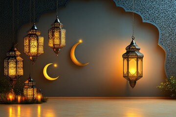 Obraz premium Decorative elements of crescent moons, stars, and lanterns illuminate a space, reflecting the spirit of Ramadan in a cozy ambiance