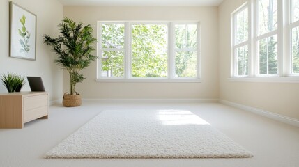 Fototapeta premium Bright sunlit room, cream carpet, plant, laptop, windows