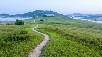 Fototapeta premium Misty morning landscape with winding path and rural farmhouse