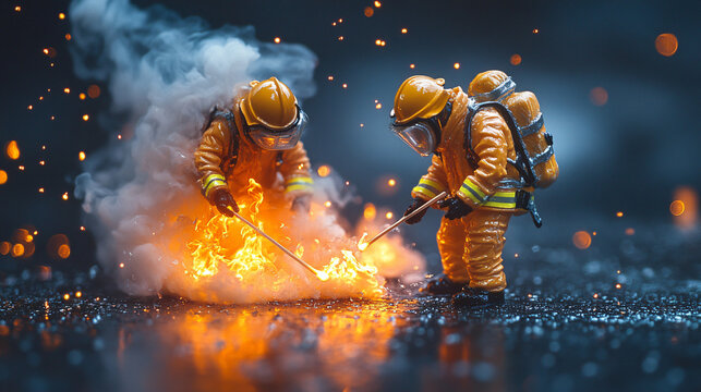 two firemen in yellow uniforms are putting a fire