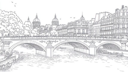 Parisian bridge sketch, Seine river, city background, travel guide illustration