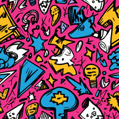 A fun and quirky graffiti-style doodle pattern featuring random symbols like lightning bolts, stars, and exaggerated punctuation marks. The sketchy, imperfect lines add a street-art-inspired charm to