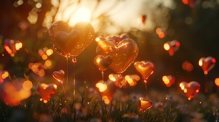 Vibrant hearts levitating in a magical blue space