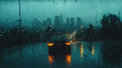 Los Angeles skyline through a rain-soaked window, dreamy and cinematic vibes