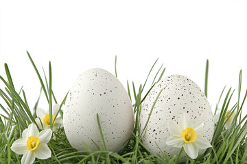 Easter Eggs and Daffodils in the Grass &ndash; Easter Background with Copy Space