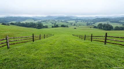 Tranquil rural landscape with wooden fences leading to a misty valley. Possible use nature photography