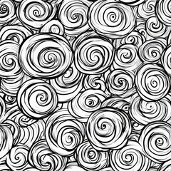 Fototapeta premium A playful and artistic pattern of hand-drawn doodle spirals and circles, some filled with shading, others outlined. The swirls vary in thickness and size, creating a hypnotic yet fun effect that feels