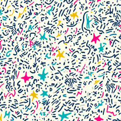Fototapeta premium A funky and spontaneous pattern of squiggly lines, tiny doodled explosions, and erratic hand-drawn stars. The randomness of the elements adds to the playful, energetic nature of the design, making it