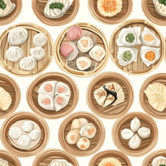 A pattern of dumplings with various fillings, arranged in steaming bamboo baskets