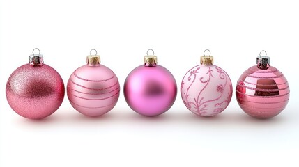Obraz premium A collection of five decorative pink Christmas ornaments arranged in a row, showcasing various designs and textures, ideal for holiday-themed projects