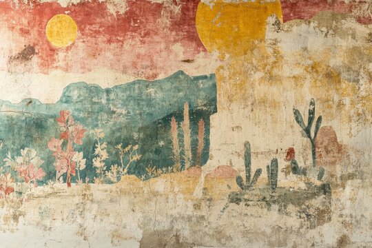 Mural depicting desert landscape with cacti and sun in a historical location