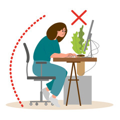 Bad wrong incorrect posture for sitting at computer desk. Wrong flowerpot and wires located. Wrong back, neck and legs poses of woman at workplace. Vector 