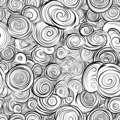 Fototapeta premium A playful and artistic pattern of hand-drawn doodle spirals and circles, some filled with shading, others outlined. The swirls vary in thickness and size, creating a hypnotic yet fun effect that feels
