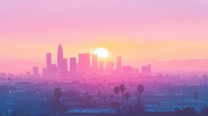 Fototapeta premium Minimalist Los Angeles cityscape, soft pastel tones at sunrise, a dreamy urban view
