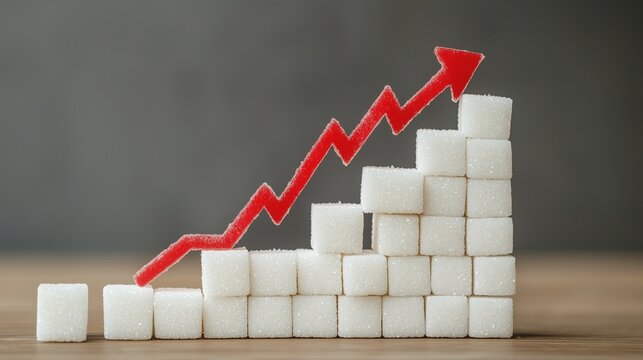 Sugar cubes stacked with an upward red arrow, symbolizing rising glucose levels.