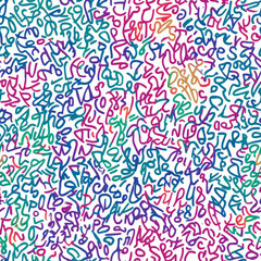 A seamless pattern of overlapping cursive words, written in a playful, freehand doodle style, forming an artistic and energetic background.